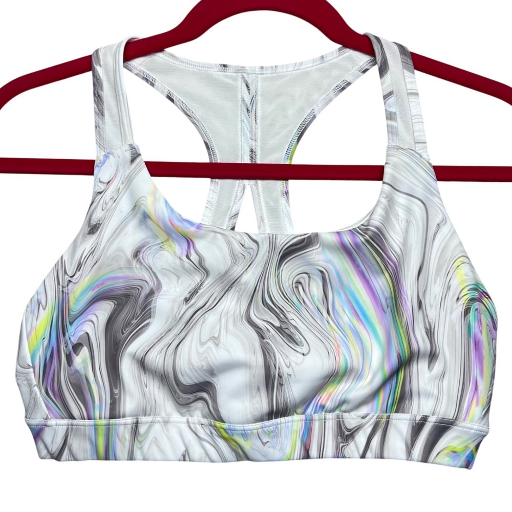 Athleta Sports Bra White Marble Swirl Racerback Medium Athletic Workout‎ Sporty